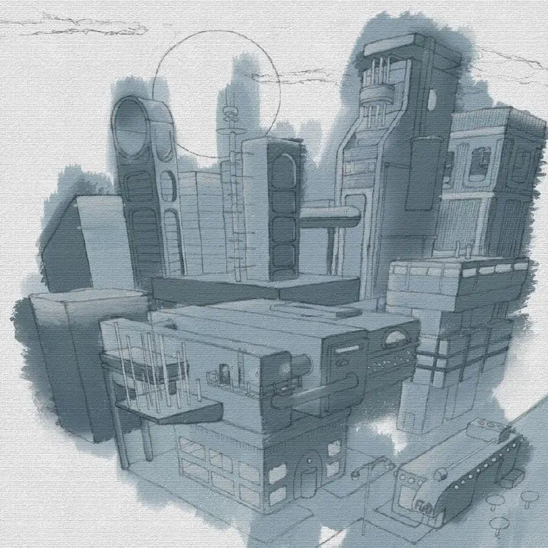 In progress cityscape drawing with light and dark tones being added