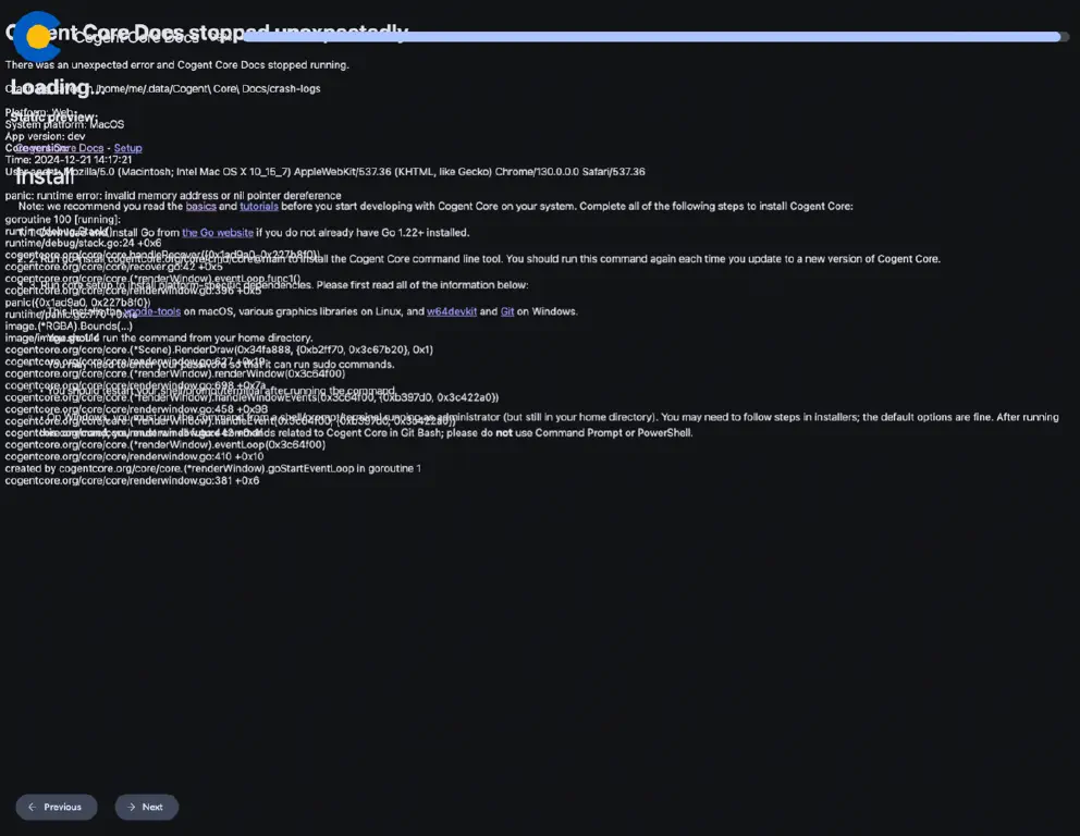 what appears to be an in-browser Go language program stack trace laid over partially rendered documentation page