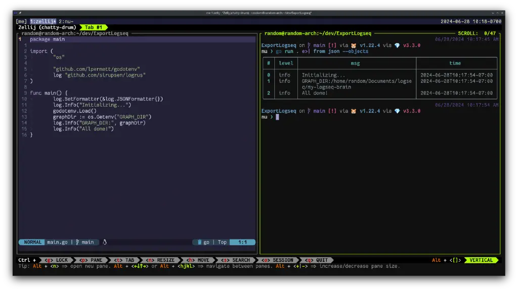 Split terminal showing Go code that logs as JSON via logrus in one pane, and the logged output as a Nushell table in the other pane