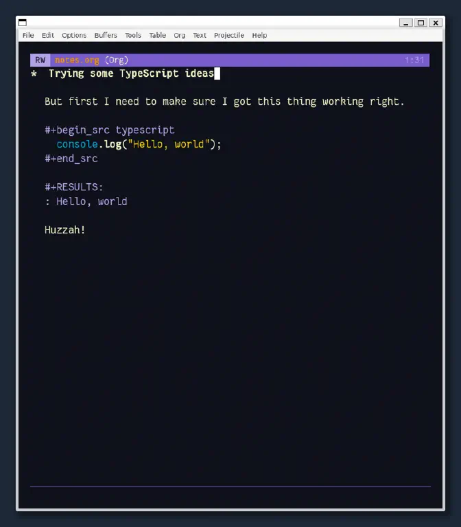 Emacs Org file showing output of executed typescript block
