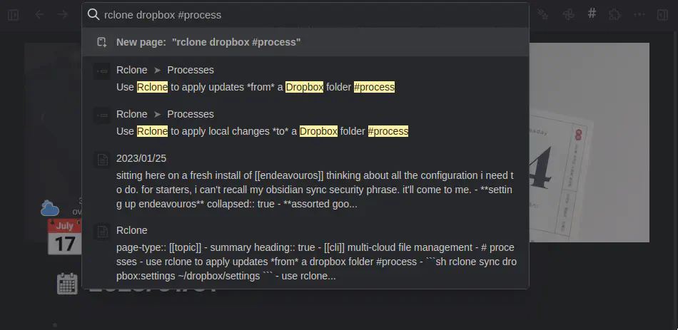 Logseq search results with example bullets at top of the list