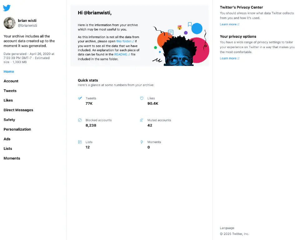 Twitter archive summary page viewed in browser, with high level summary indicating 77 thousand tweets, 90 thousand likes, and 8 thousand blocked accounts as of April 2020