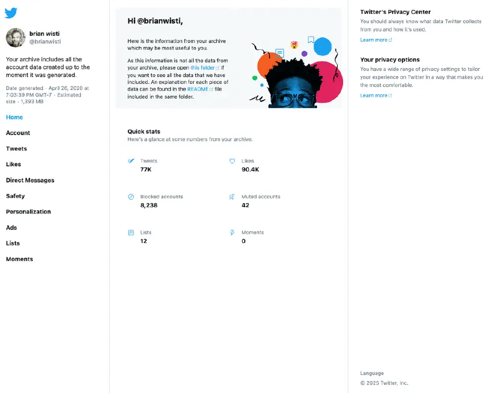 Twitter archive summary page viewed in browser, with high level summary indicating 77 thousand tweets, 90 thousand likes, and 8 thousand blocked accounts as of April 2020
