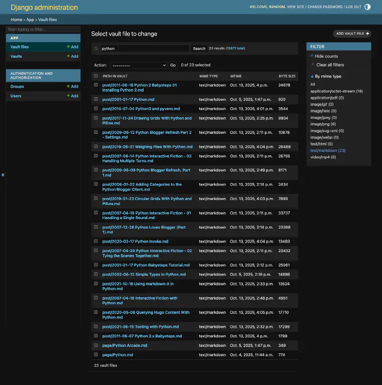 Django admin view showing a list of markdown files with the text “python” in their filenames