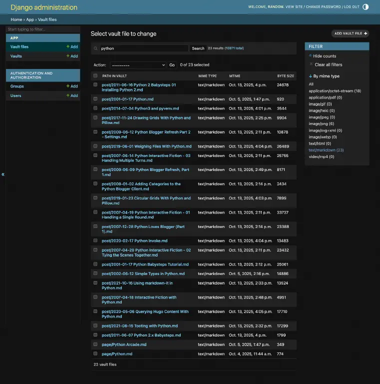 Django admin view showing a list of markdown files with the text &ldquo;python&rdquo; in their filenames
