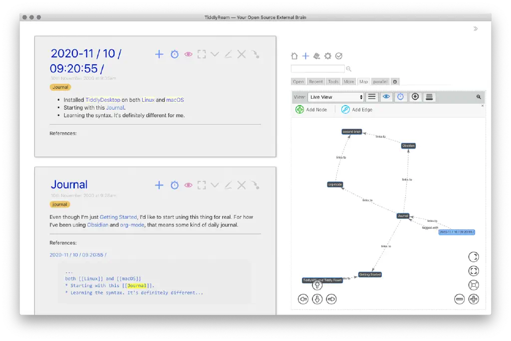 TiddlyDesktop screenshot with journal entry and a node graph