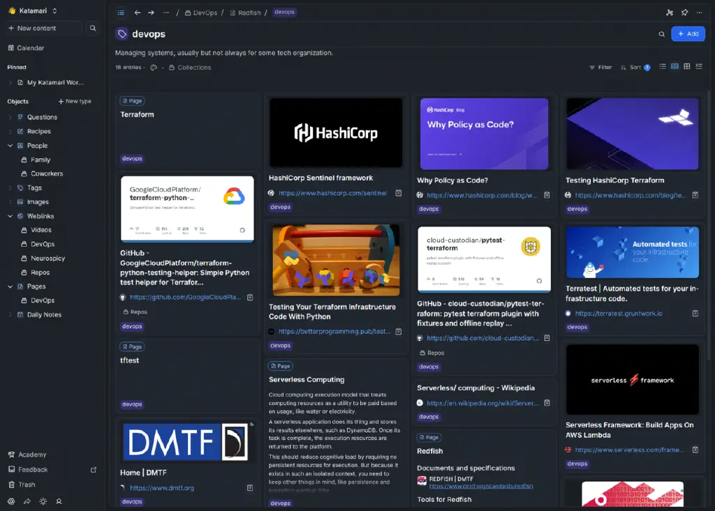page for the tag &ldquo;devops&rdquo;, showing pages and bookmarks related to system management