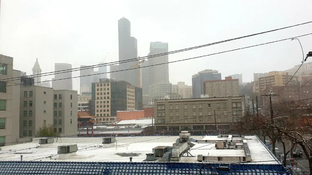 Seattle skyline from downtown, obscured by snow falling