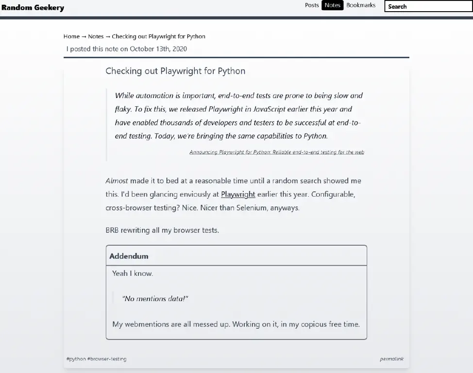 Screenshot of note on Statamic experiment site with embedded quote and aside blocks