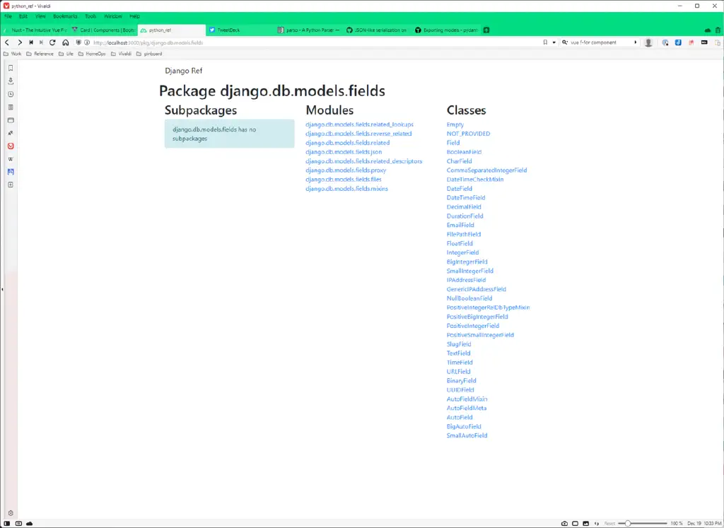 screenshot of web app listing modules and classes under django.db.model.fields