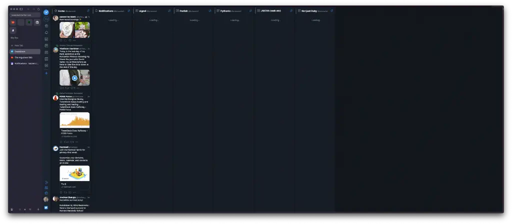 timeline column has content, notifications and five other columns are empty with “loading” notice