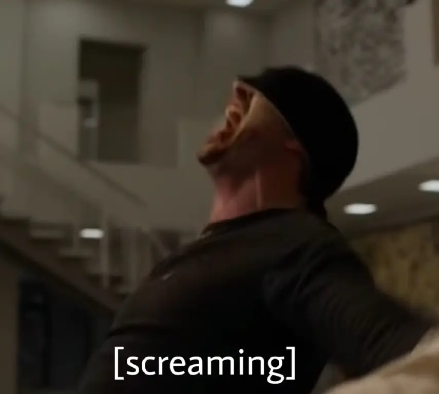 Daredevil from the TV show, screaming with great force; caption reads &ldquo;[screaming]&rdquo;