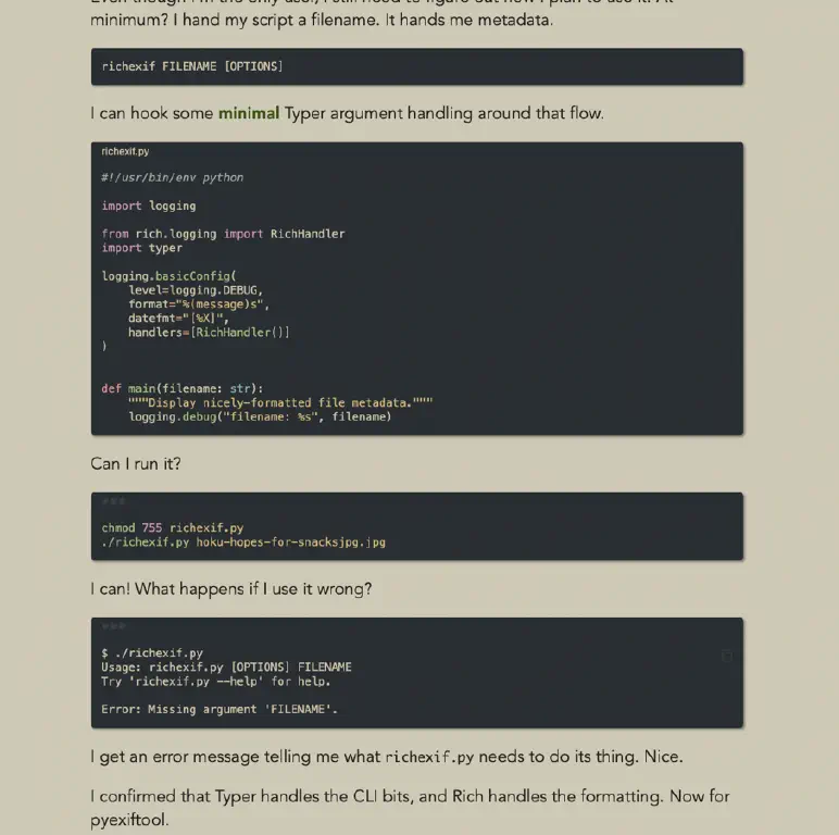 web page showing Python file snippet with a title, and console interactions presented with decoration suggesting a terminal window