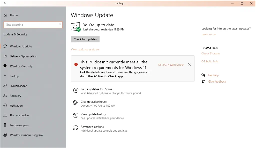 Screenshot of windows Update telling me I don’t meet system requirements for Windows 11