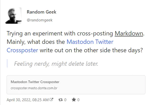 screenshot of toot with emphasized text, text that links elsewhere, and a blockquote