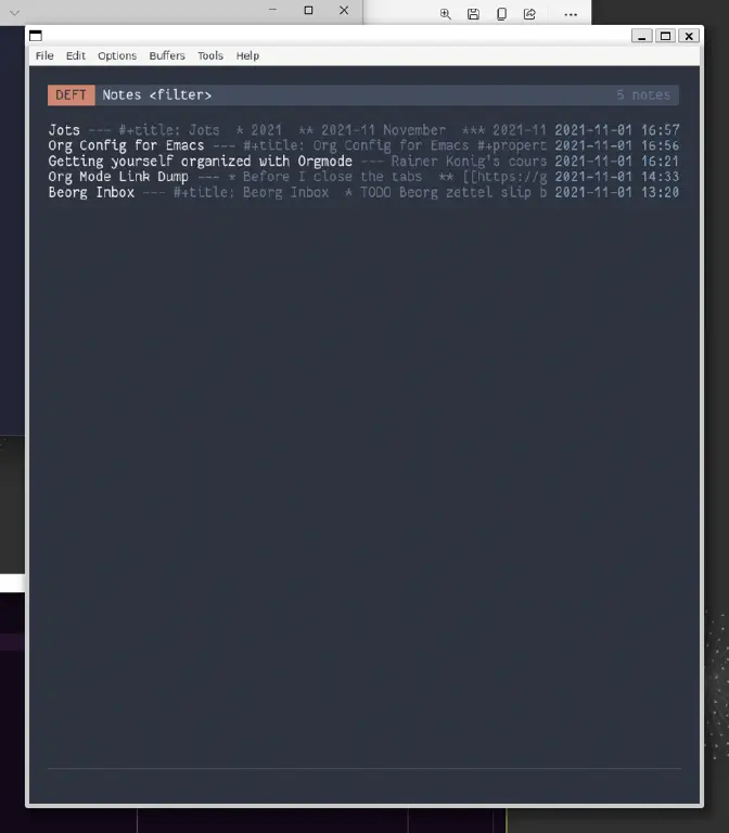 screenshot of Deft in Emacs using dark nano-emacs theme