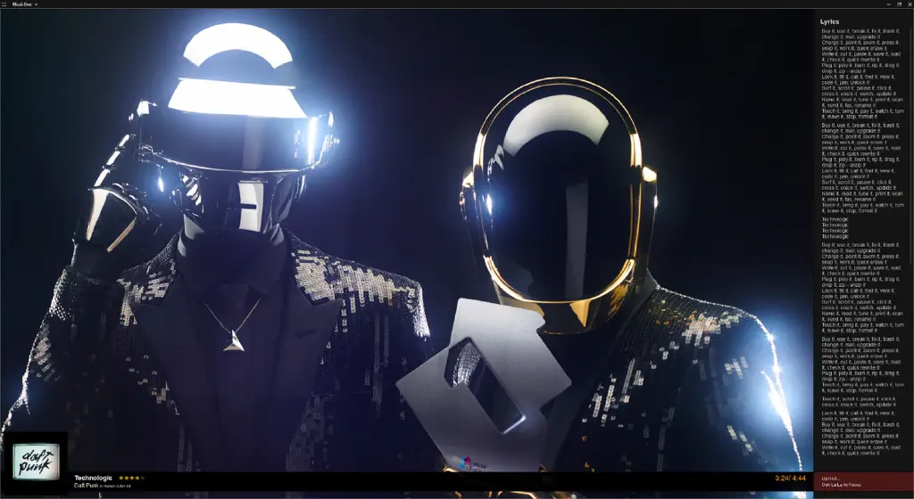 MusicBee screenshot with image of Daft Punk and lyrics for &ldquo;Technologic&rdquo;