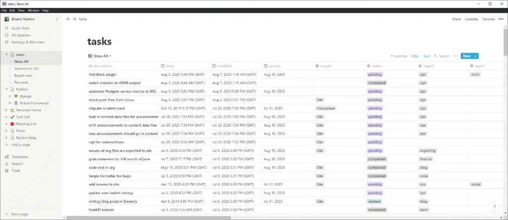 tables of tasks and metadata imported into Notion