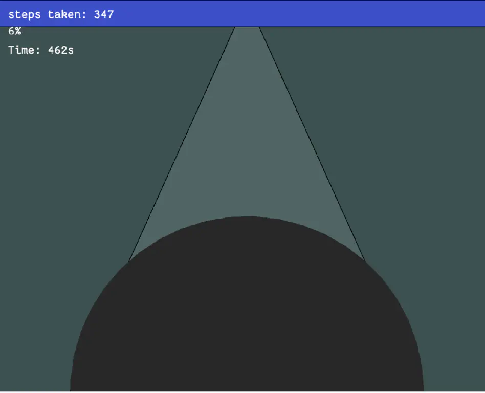 the same simplified view, but the horizon is fractionally lower; text indicates that 347 steps have been taken in the 462 seconds since this game started, and the player is 6% through the level
