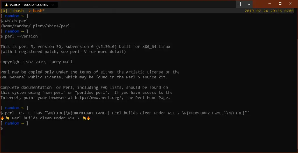 Windows Terminal screenshot showing perl printing &ldquo;🔥🐪 Perl builds clean under WSL 2 🐪🔥 &ldquo;