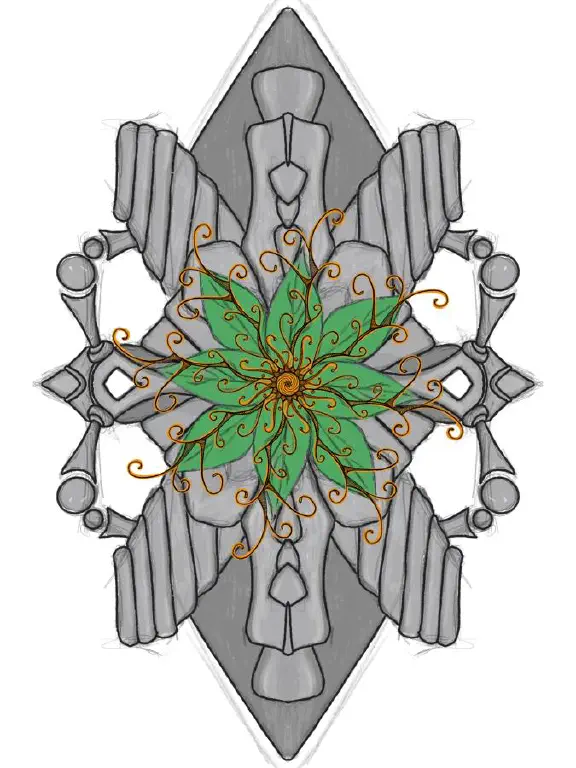 Floral organic pattern overlaid on gray kalaidoscopic shape