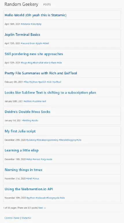 screenshot of experimental import of Hugo site to Statamic, showing post summaries with tags