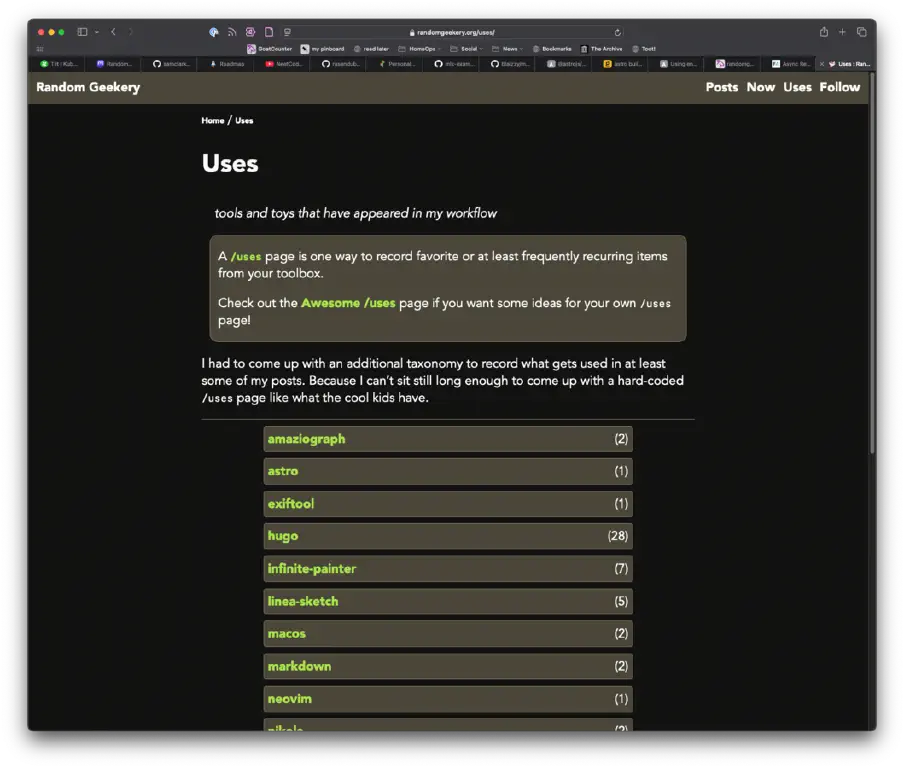 Blog page explaining that a “uses” page describes the things that feature in your workflow, an explanation that I had to automate the generation of this list because I use too many things, and a generated list of mostly-software that has so far been slotted into the metadata category of “uses”