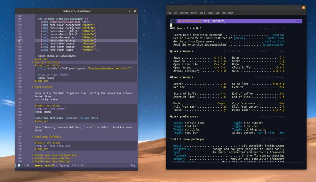 Screenshot of two Emacs windows, one a light purple background and the other a dark purple background.