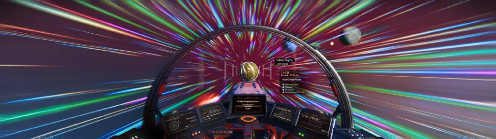cockpit view with light pulses and a planet with jagged visual edges