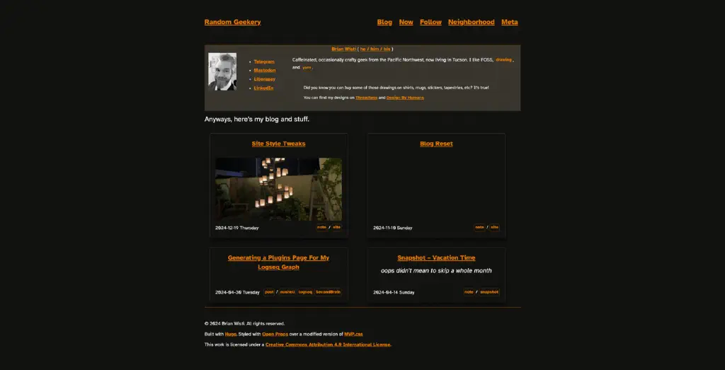 the current live site, with dark theme and lots of whitespace