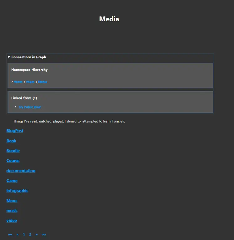 Page title “Media” with subpages listed for blog posts, books, music, videos, and more