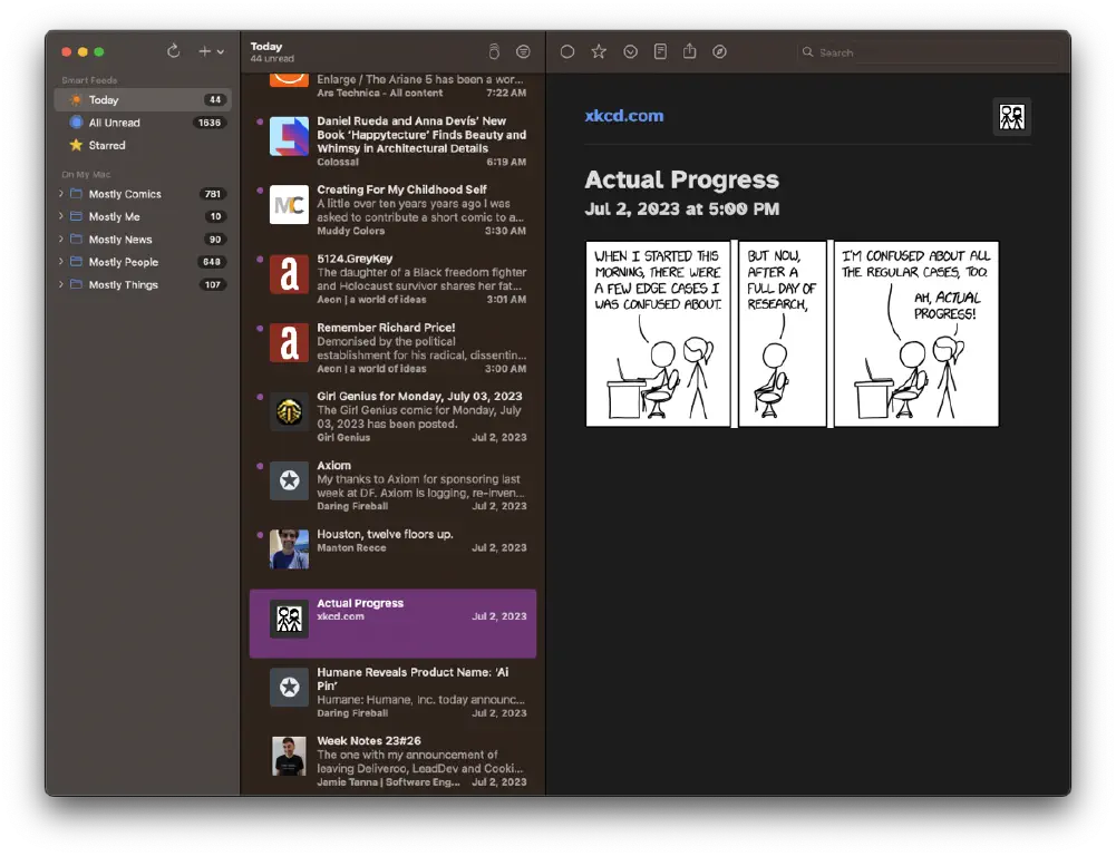 NetNewsWire showing 1,636 unread posts. The XKCD comic from 2023-07-02 is currently displayed.