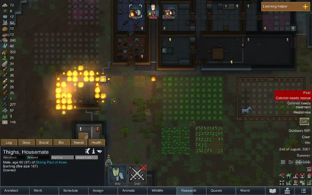 Rimworld screenshot showing fire from an exploded power generator, one of the colonists on fire, and another colonist gravely injured