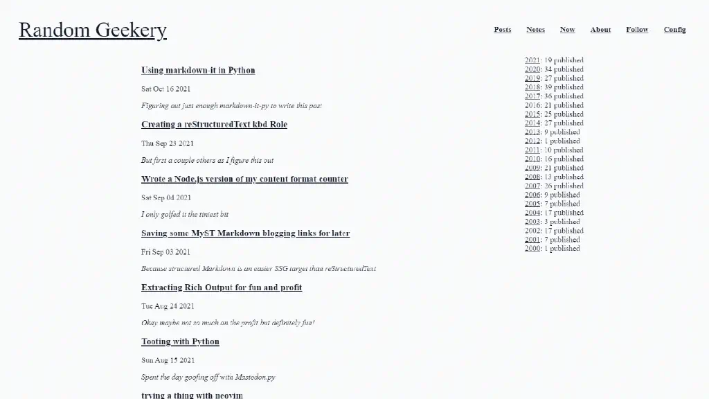 site screenshot showing recent posts next to a list of years with per-year post counts