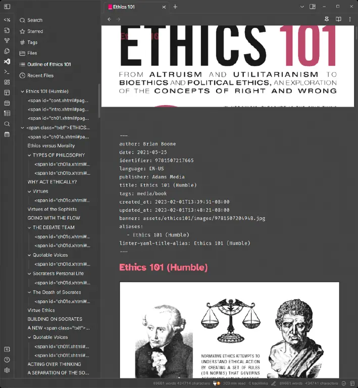 Obsidian note showing the contents of the book &ldquo;Ethics 101&rdquo; and an outline view in the sidebar with lots of raw HTML
