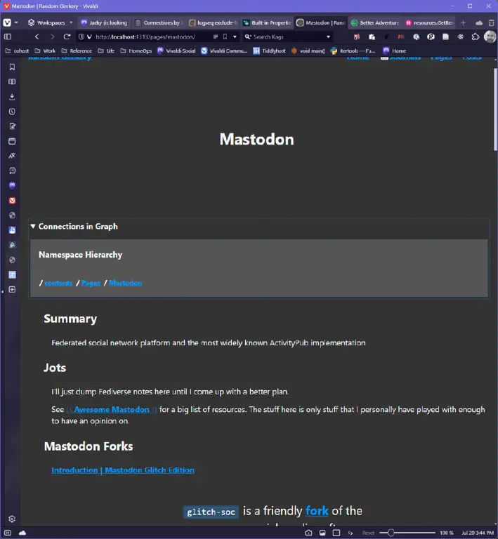 A note about Mastodon with a link to &ldquo;Awesome Mastodon&rdquo; wrapped in double parentheses, indicating a link to a specific block within a page.
