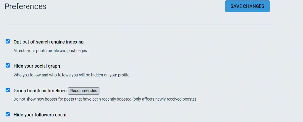 Mastodon preference page with &ldquo;Hide your social graph&rdquo; checked.