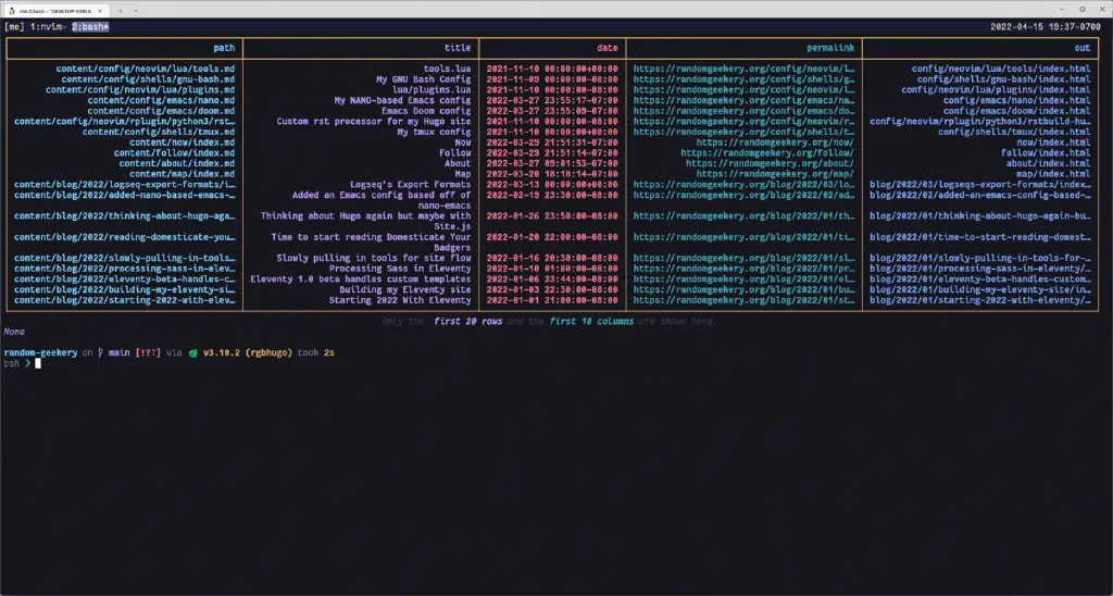 screenshot showing site page information in a terminal table.