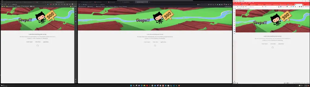 three different browsers neatly arranged and all showing an error page on github