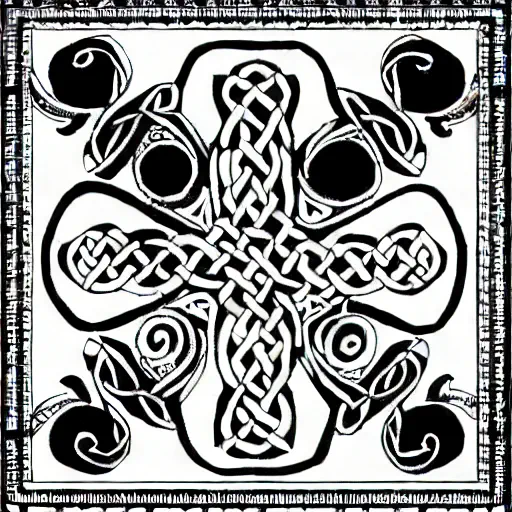 Celtic knotwork style cross with decorative circles and a border frame