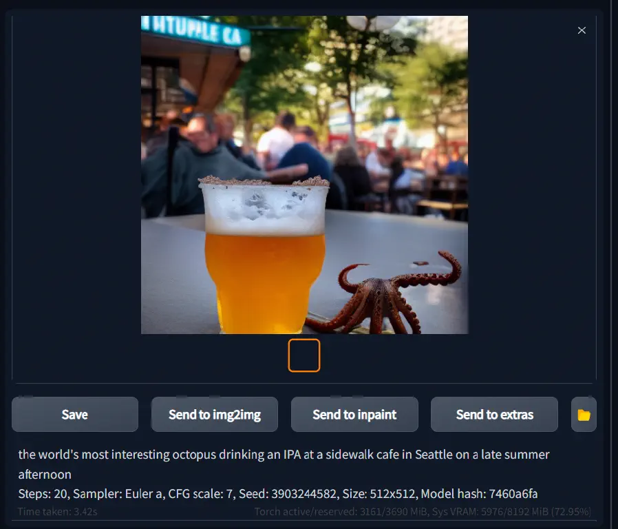 photo of an actually plausible rendering of prompt: &ldquo;the world&rsquo;s most interesting octopus drinking an IPA at a sidewalk cafe in Seattle on a late summer afternoon&rdquo;