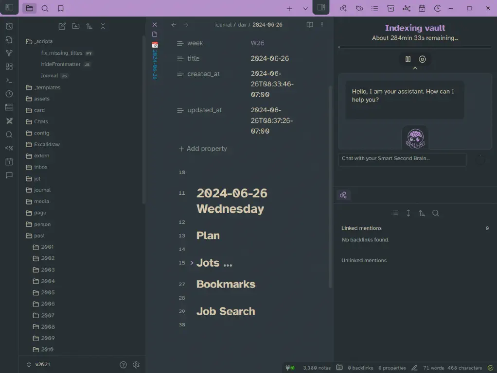 Obsidian application, with sidebar panel for “chat with your smart second brain” reporting that it’s indexing vault: about 284 minutes and 33 seconds remaining.