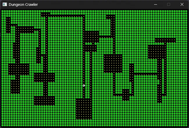 terminal display of a dungeon adventure map, similar to Nethack and other roguelikes.