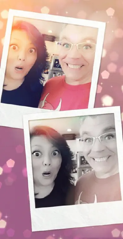 Snapchat selfie of clean shaven grinning man and comically shocked woman