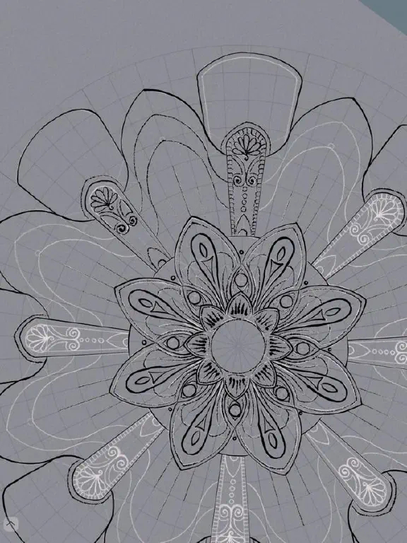Dark lines tracing over white sketchy lines of a mandala-style drawing