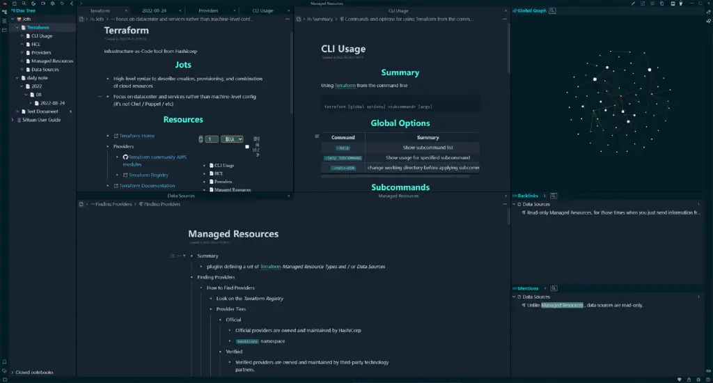 Siyuan Notes showing multiple panes with notes about Terraform