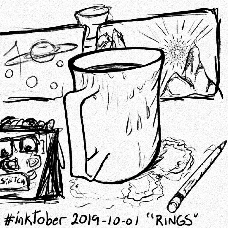 Black and white sketch of coffee rings, gas giant rings, and random stuff