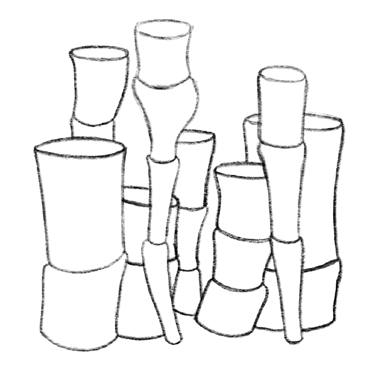 Pencil drawing of irregular segmented cylinders