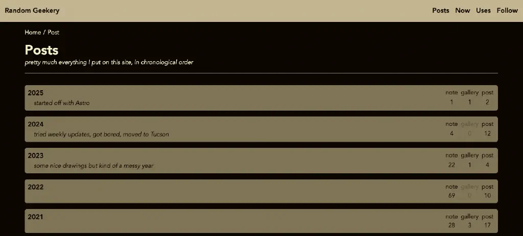 blog page with a list of years with posts, including a brief description of some years
