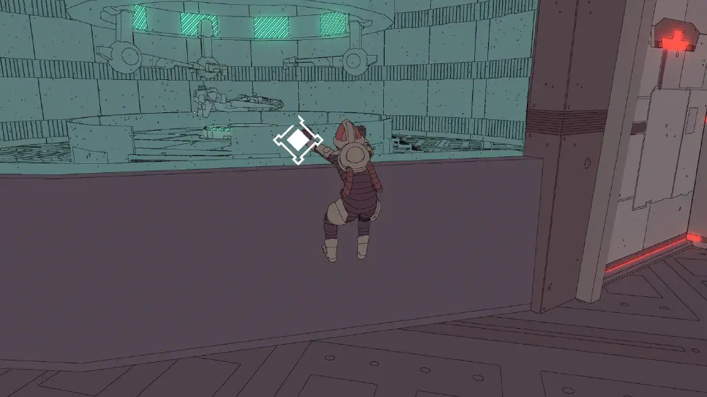 Game screenshot with character clinging to a glass wall looking at what appears to be a very fancy hoverbike on the other side of a door that remains securely locked.